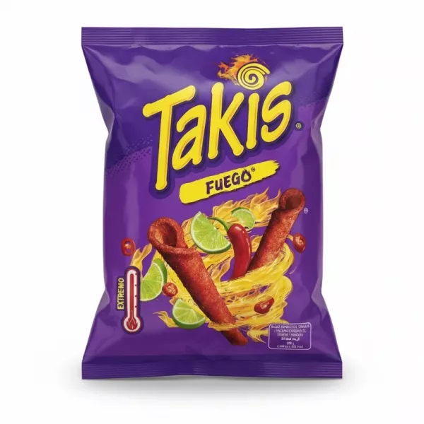 Front view of Takis Fuego spicy lime rolled corn tortilla snacks in purple packaging