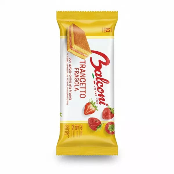 Balconi Trancetto Fragola pack showing layered sponge cake with strawberry cream filling
