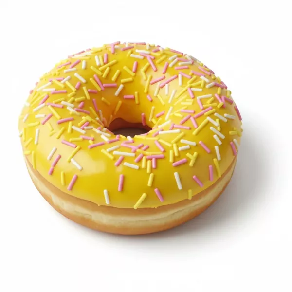 Bavelli banana flavour donut with yellow icing and sprinkles