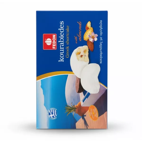 Package of Fedon Greek Kourabiedes with almonds showing shortcake biscuits and almonds on front