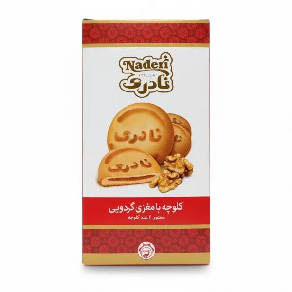 Box of Naderi walnut filled cookies showing front with product and walnuts