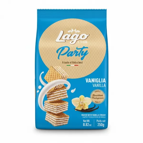 Lago Party Vanilla Wafer 250g front packaging with blue and beige design