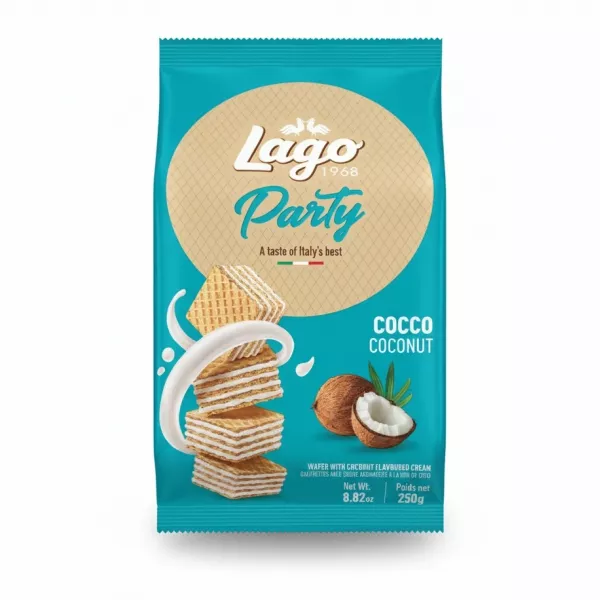 Front packaging of Lago Party wafer coconut cream flavour