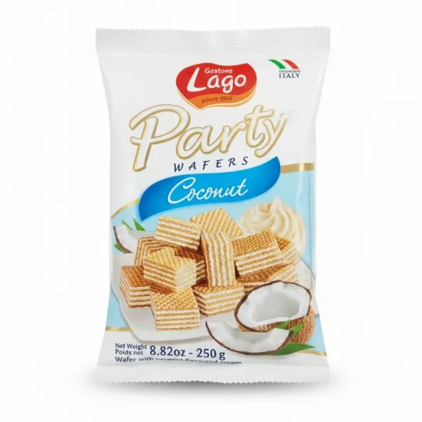 Pack of Lago Party Wafers Coconut flavour showing wafers with cream filling and coconut image