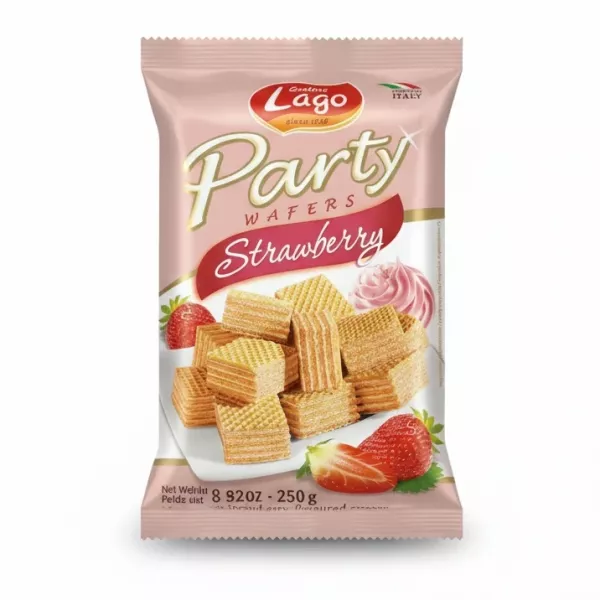 Pack of Lago Party Wafers with strawberry flavour on front