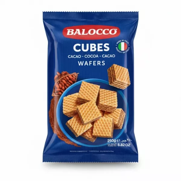 Balocco cocoa wafers cubes snack in blue packaging