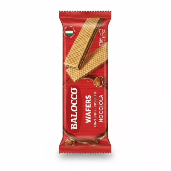 Balocco hazelnut wafer packaging showing wafer sticks on red background