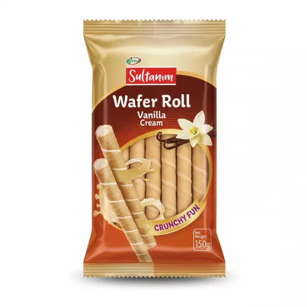 Package of Gima Sultanum vanilla cream wafer rolls showing the snack and packaging design