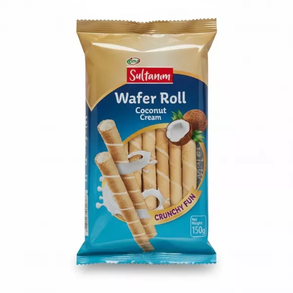 Packet of Gima Sultanim Coconut Cream Wafer Rolls with coconut illustration