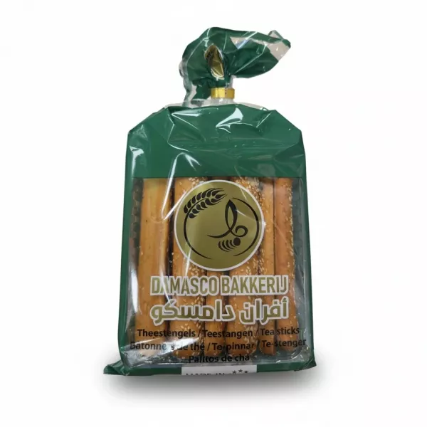 Pack of sesame topped tea sticks from Damasco Bakkerij