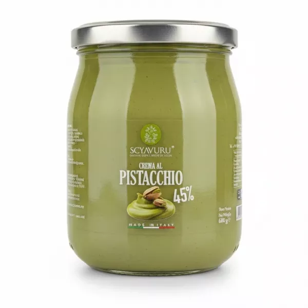600g jar of Scyavuru 45% Pistachio Spread, green creamy nut spread in clear glass jar with silver lid