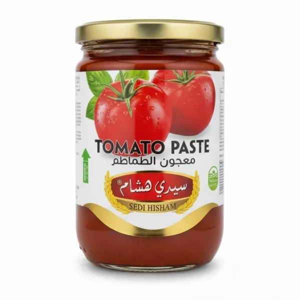 Sedi Hisham Tomato Paste glass jar front label showing ripe tomatoes