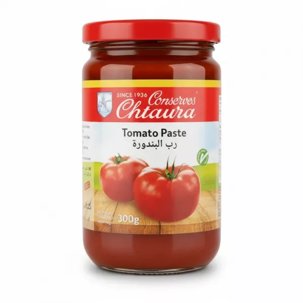 Chtaura brand tomato paste jar with red lid and fresh tomato images on label front