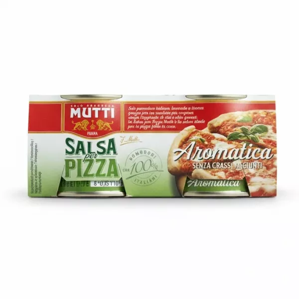 Mutti Salsa per Pizza Aromatica pack showing Italian pizza sauce cans