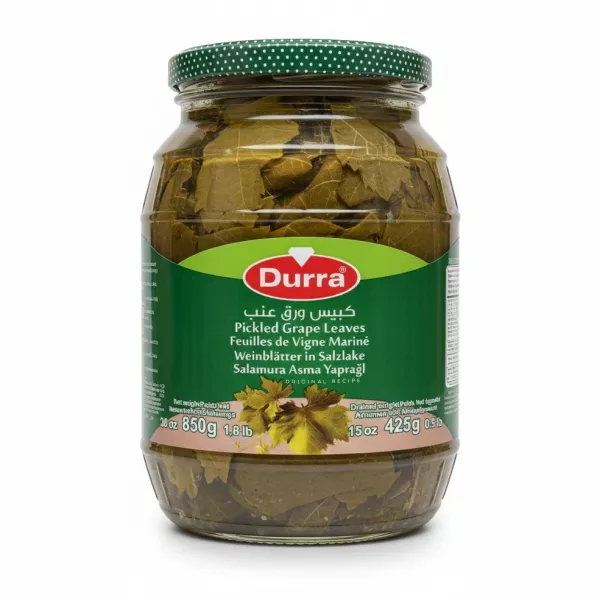 Jar of Durra branded pickled grape leaves with green polka dot lid