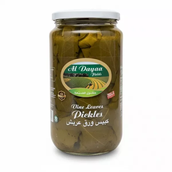 Jar of Al Dayaa Fields Vine Leaves Pickles with white lid and green label