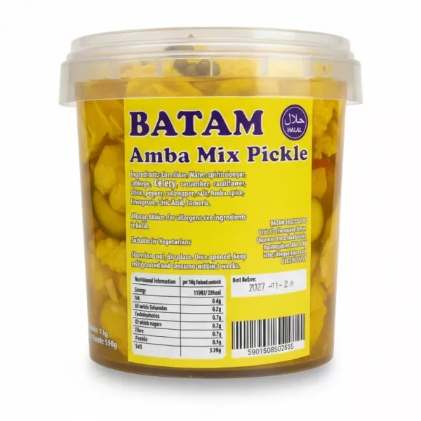 Batam Amba Mix Pickle plastic tub showing label with ingredients and nutritional facts