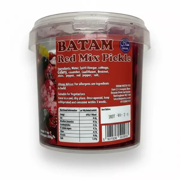 Close-up of Batam Red Mix Pickle label showing ingredients and nutritional information