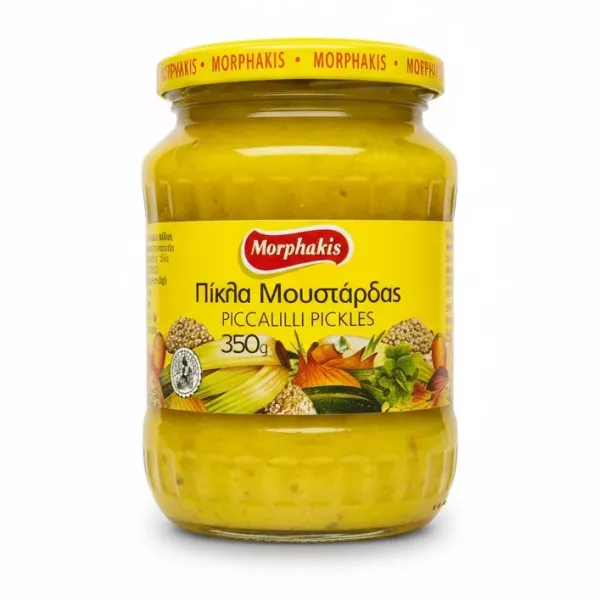 Glass jar of Morphakis Piccalilli Pickles with yellow label