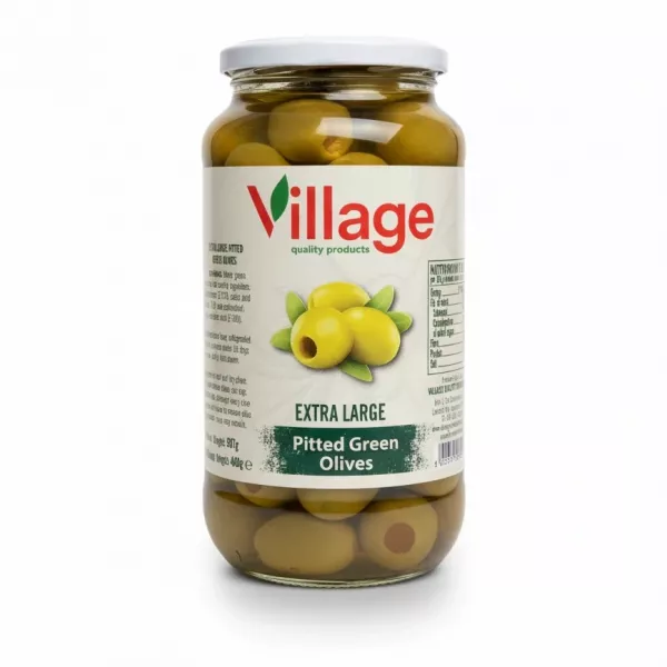 Jar of Village brand extra large pitted green olives front view on white background