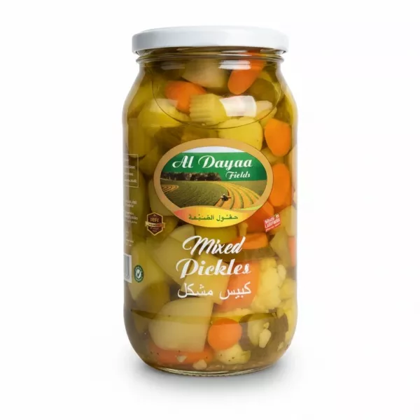 Jar of Al Dayaa Fields Mixed Pickles front view with vegetables visible