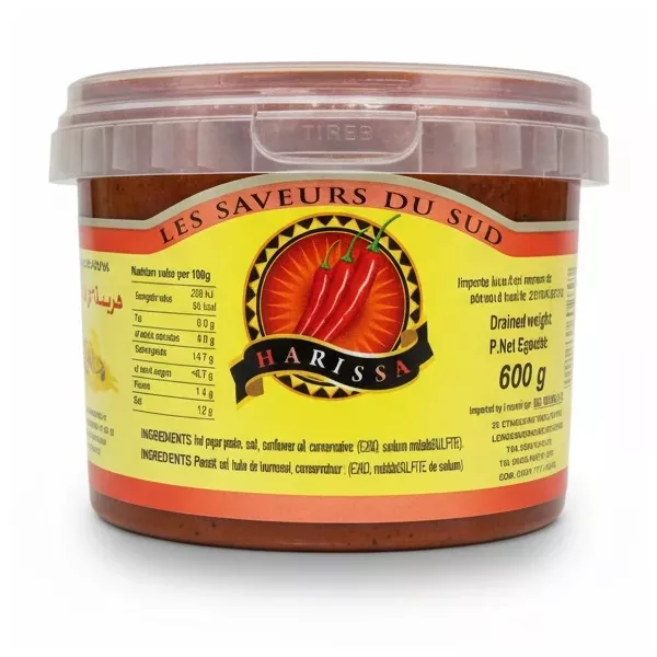 Container of Bled Harissa hot pepper paste with red chili graphic on label