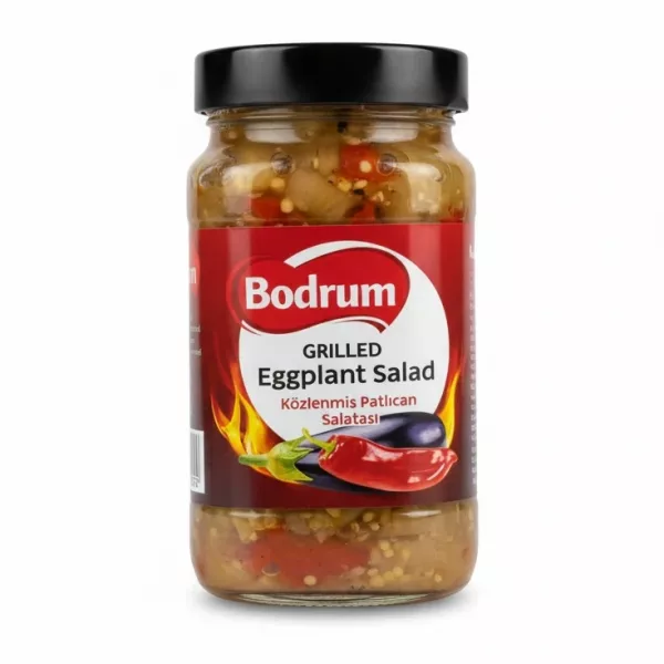 Jar of Bodrum Grilled Eggplant Salad showing label and contents