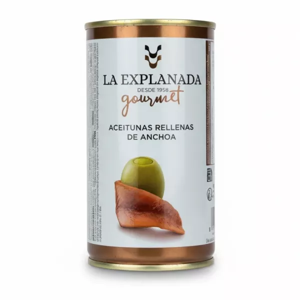 Tin of La Explanada Gourmet anchovy stuffed green olives front label
