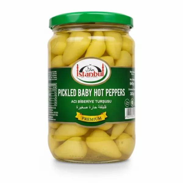 Jar of Istanbul pickled baby hot peppers with green lid