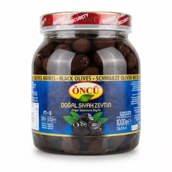 Jar of Öncü brand natural black olives in brine