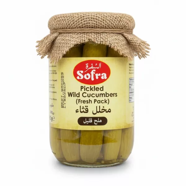 Jar of Sofra Pickled Wild Cucumbers in glass with jute cover