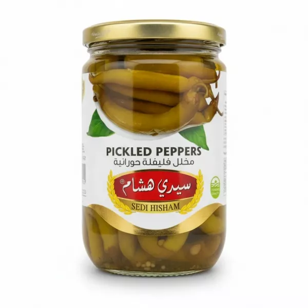 Jar of Sedi Hisham pickled peppers viewed from front showing label and peppers inside