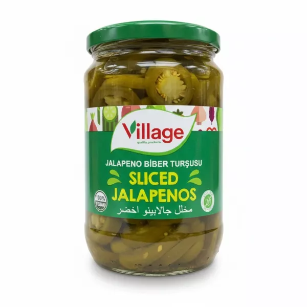 Jar of Village brand sliced pickled jalapeno peppers