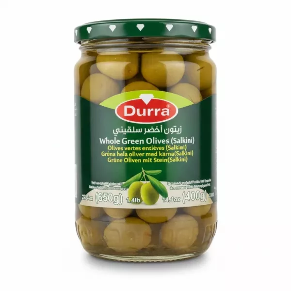 Jar of Durra Whole Green Olives Salkini with green lid