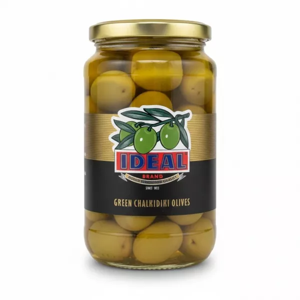 Jar of Ideal Green Chalkidiki Olives front view