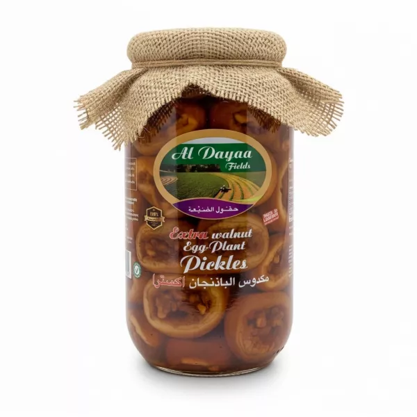 Glass jar of Al Dayaa Fields Extra Walnut Eggplant Pickles with rustic fabric lid