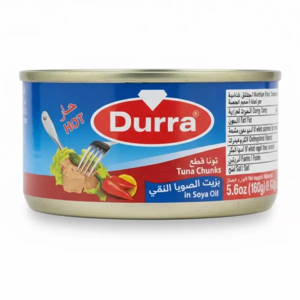 Durra Tuna Chunks Hot in Soya Oil can front side with bold red and blue label