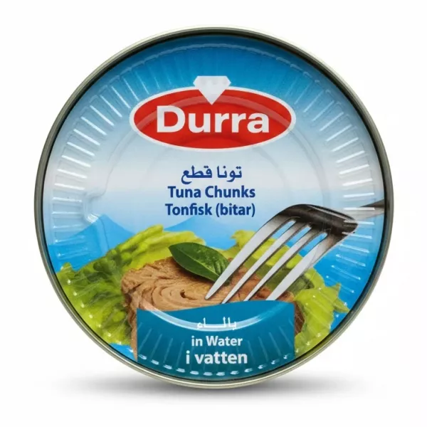 Top view of Durra Tuna Chunks in water can with label
