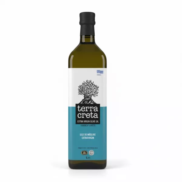 Bottle of Terra Creta extra virgin olive oil Koroneiki variety front label