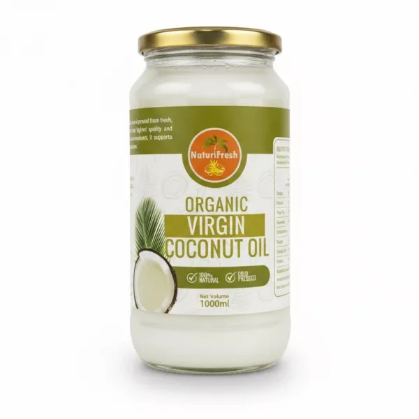 Glass jar of NaturiFresh Organic Virgin Coconut Oil with green and white label