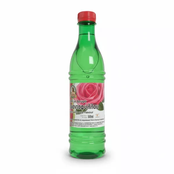 Green plastic bottle with red cap holding Amalia Rose Flavoured Water featuring a rose image on label