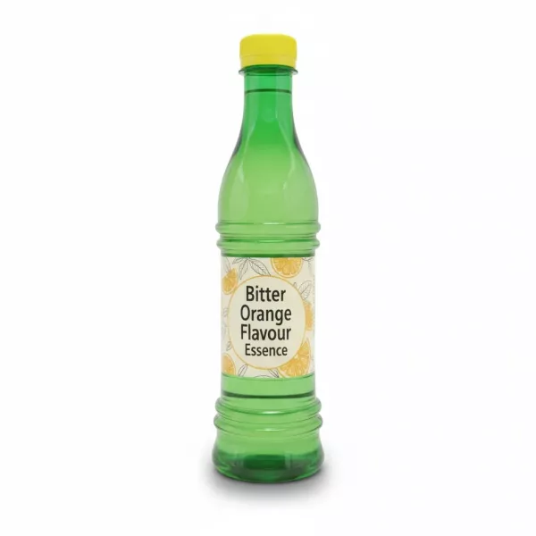 Green plastic bottle with yellow cap containing bitter orange flavour essence