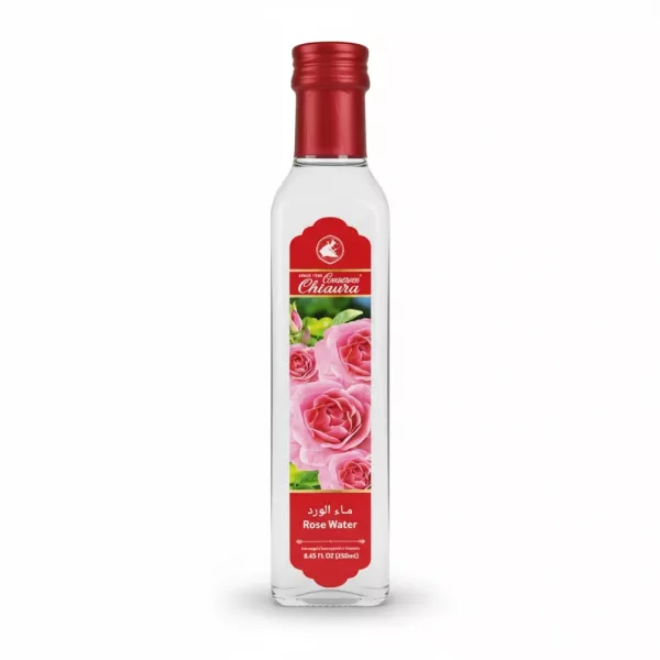 Bottle of Chtaura Rose Water with pink rose label