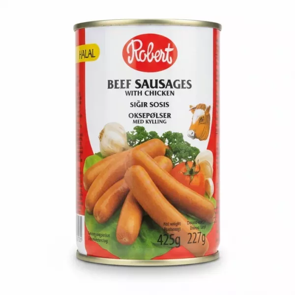 Robert Halal beef sausages with chicken in a can showing front label