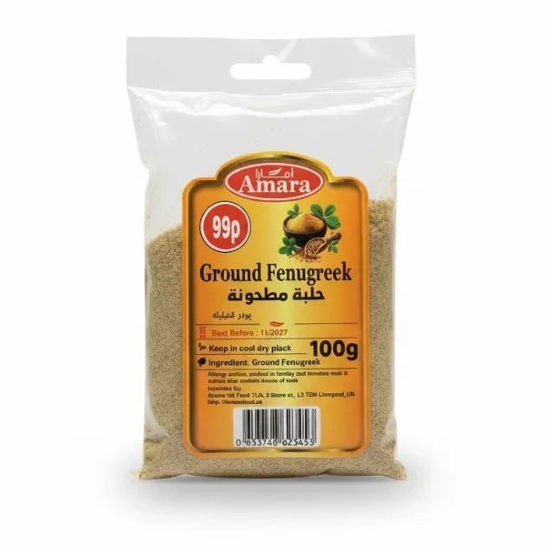 Packet of Amara Ground Fenugreek spice on a white background