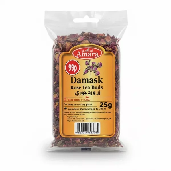 Front view of Amara Damask Rose Tea Buds packaging with label