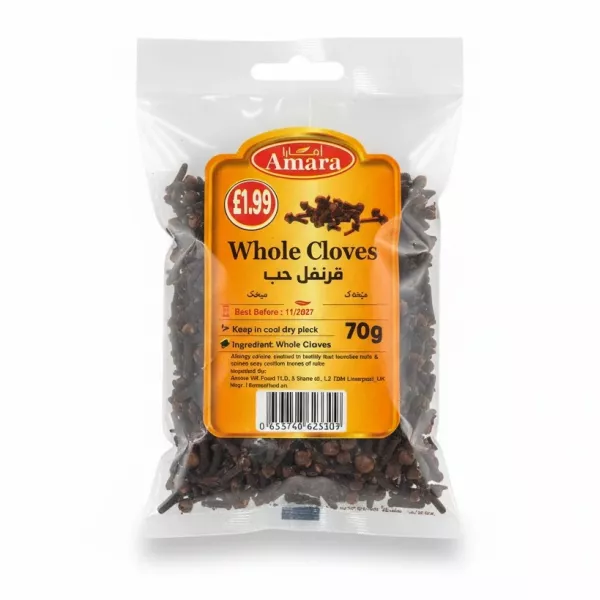 Packet of Amara Whole Cloves spice showing label and cloves inside