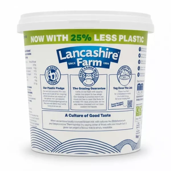Back of Lancashire Farm Greek Style fat free yogurt pot showing product information and plastic pledge