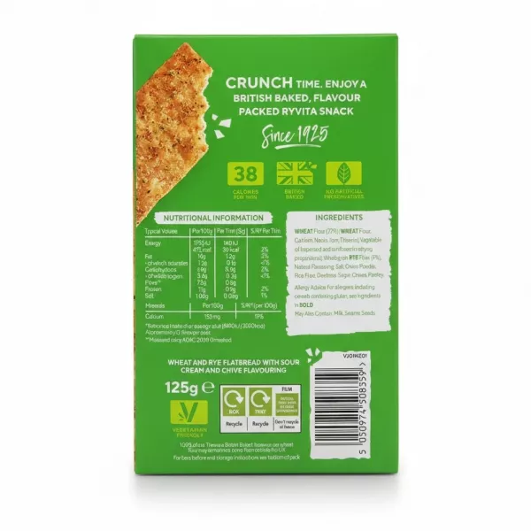 Back of Ryvita Thins sour cream & chive flavour box with nutritional info and ingredients