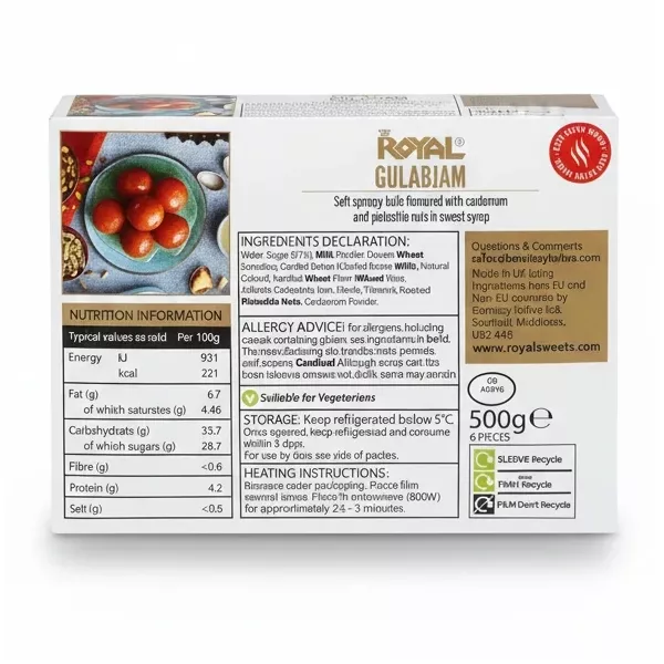 Royal Gulabjam packaging showing ingredients and nutritional info